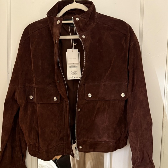 ZARA Suede Leather Bomber Jacket With Pockets — Brown Marl — Size M - Picture 3 of 4